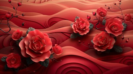 Golden rose flower line art on Chinese pattern red background. Illustration for wallpaper, card, poster, packaging, advertising.