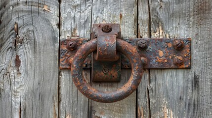 antique wrought iron door knocker adorning weathered wooden entry rustic architectural detail photo