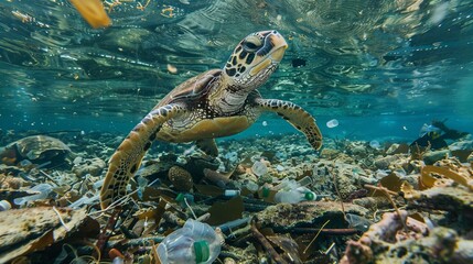 Obraz premium Entangled in Plastic: Sea Turtle Struggles Amidst Ocean Debris (Marine Pollution Threat)