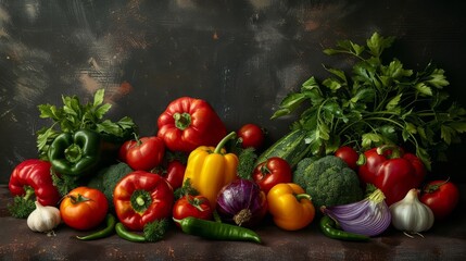 artistic arrangement of colorful fresh vegetables on dark background food photography