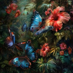 Butterflies of different colors and sizes flutter around a flower.