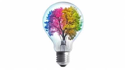 a lightbulb lamp with a colorful tree inside  isolated on solid white background