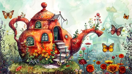 Enchanting Whimsical Teapot House Surrounded by Magical Flowers and Butterflies in a Fantastical Garden Landscape