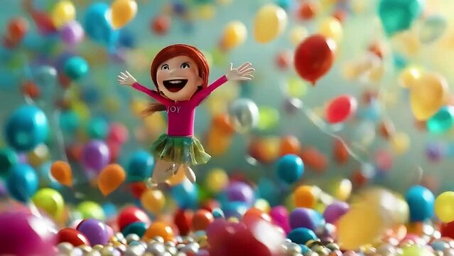 A girl  is jumping in the air surrounded by  balloons .