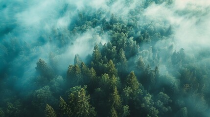 breathtaking aerial view of majestic mountain forest enveloped in delicate clouds captured through the lens of a wanderlust photographer