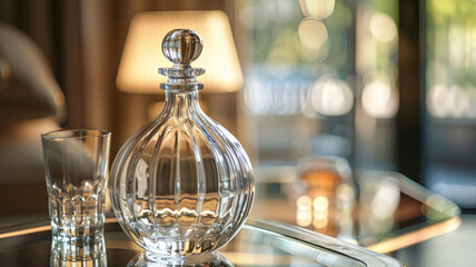 Transparent decanter on table with glass.