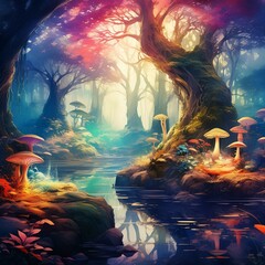 Para un fondo de pantalla de un bosque encantado, visualiza un paisaje mágico y misterioso donde...