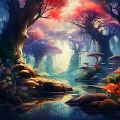 Para un fondo de pantalla de un bosque encantado, visualiza un paisaje mágico y misterioso donde la naturaleza cobra vida en formas sorprendentes. Árboles antiguos y retorcidos se alzan hacia el cielo