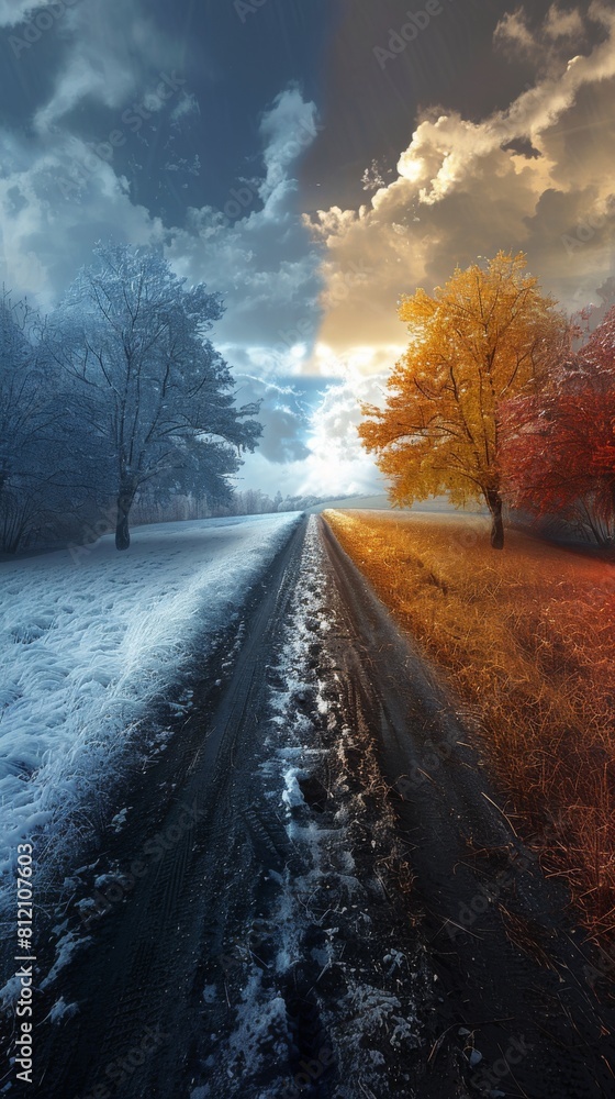 Poster a road with two trees on either side, one of which is bare and the other is covered in leaves. the r