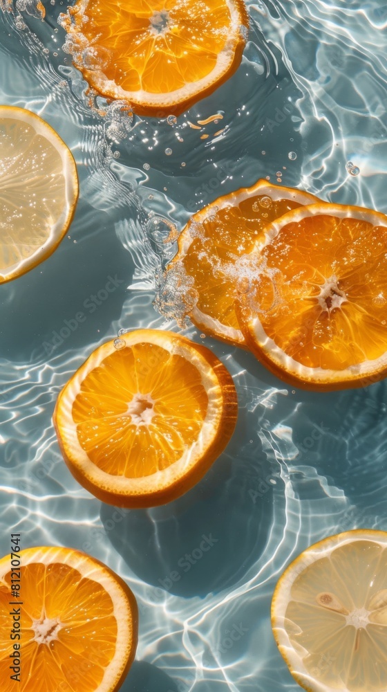 Poster a close up of several oranges and lemons floating in water. the image has a playful and lighthearted