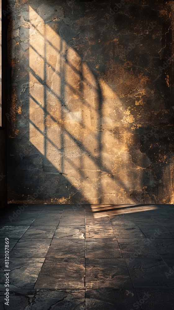 Poster a window in a room is letting in sunlight, casting a shadow on the wall. the room is empty and has a