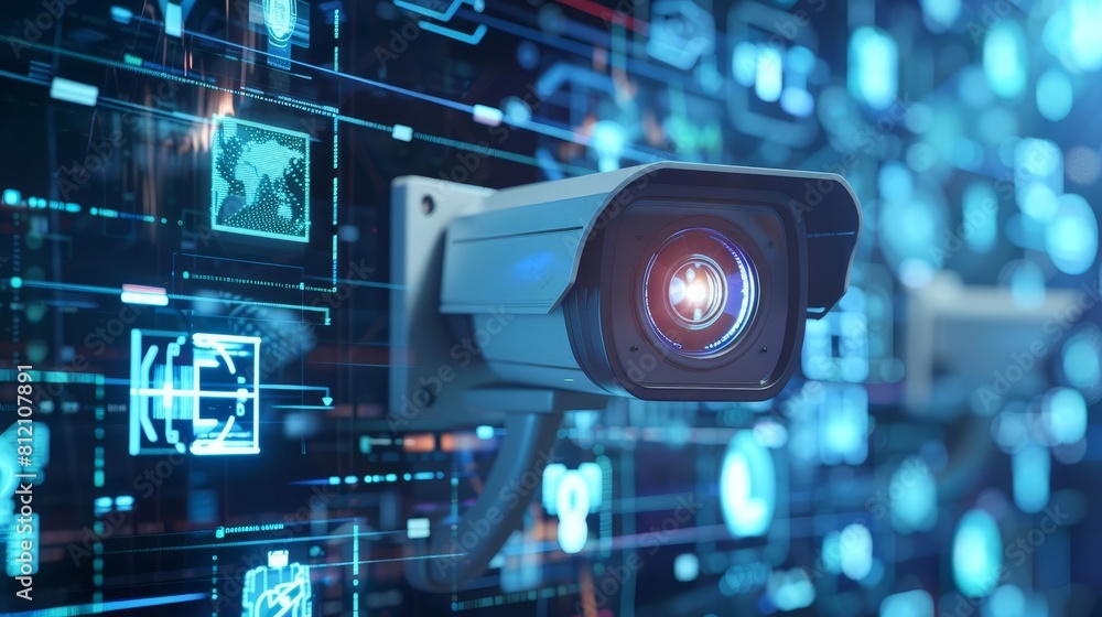 Poster cctv security camera system with motion detection and face recognition surveillance technology conce