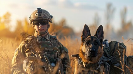 The picture of the military officer is working with trained german shepherd dog at the training field, the dog trainer require skill such as patience, compassion and understanding dog behavior. AIG43.