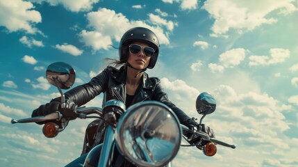 A woman wearing a helmet and leather jacket is riding a motorcycle
