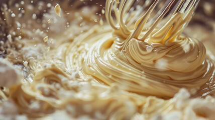 Whisking batter with flour sprinkling down