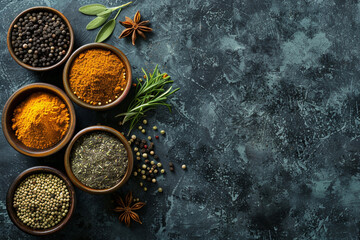 Fototapeta premium Assorted Spices in Bowls on Dark Textured Background 