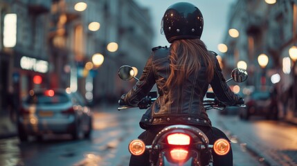 A woman rides a motorcycle, a photo from the back