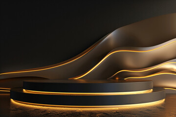 3D digital rendering of the gold product group stage With a luxurious black base as the background.