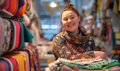 Obraz premium A young woman with Down syndrome works in a fabric store, full of joy and smiles. Her eyes shine with rays of enthusiasm as she serves customers with undisguised kindness.