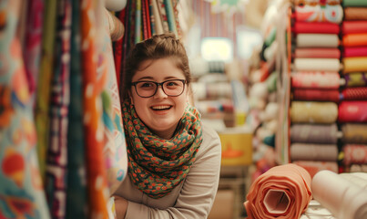 Obraz premium A young woman with Down syndrome works in a fabric store, full of joy and smiles. Her eyes shine with rays of enthusiasm as she serves customers with undisguised kindness.