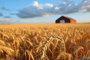 Close-up of ripe wheat ears with a vibrant red barn under the expansive blue sky