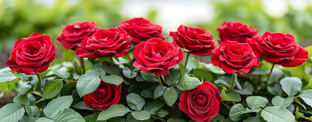 Beautiful view of a rose bush with red rose flowers