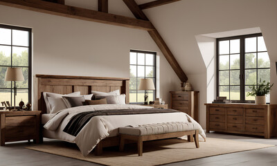 King Bedroom Interior: Modern Farmhouse with Pearl White & Detailed Brown Furniture
