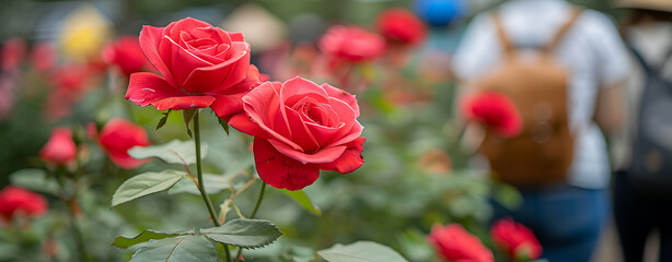 Obraz premium Beautiful view of a rose bush with red rose flowers