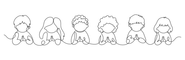 Praying children. Continuous line drawing. Religion education frame border.