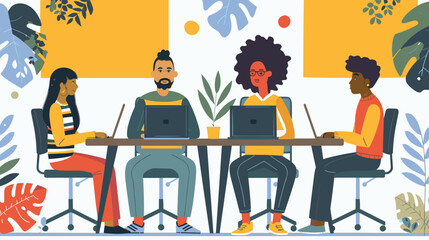 A group of diverse professionals working together in a modern office space, using their laptops and collaborating on a project.