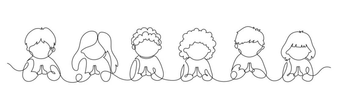 Praying children. Continuous line drawing. Religion education frame border.