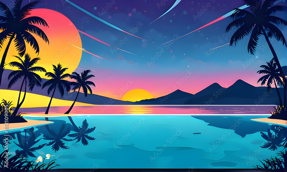 Wall mural tropical sunset with palm trees flat vector illustration. generative ai - Wall murals