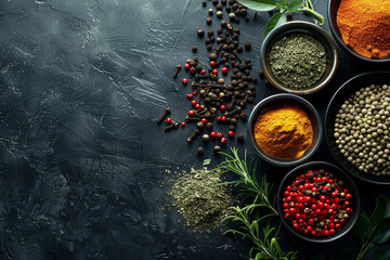 Assorted Spices in Bowls on Dark Textured Background 