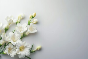Fototapeta premium Freesia branch on a light background, with free space. Flowers, floral background.