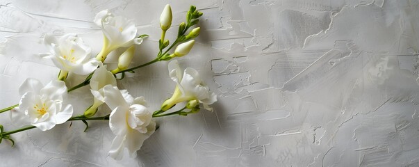 Freesia branch on a light background, with free space.  Flowers, floral background.