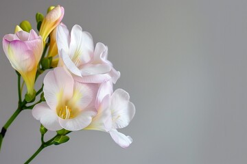 Fototapeta premium Freesia branch on a light background, with free space. Flowers, floral background.