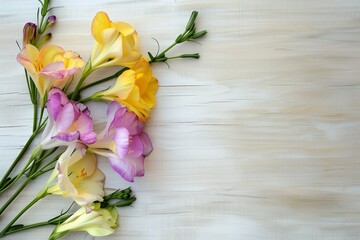 Freesia branch on a light background, with free space.  Flowers, floral background.