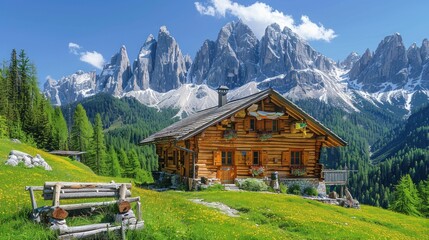 wooden house in a meadow on a mountain with a blue sky