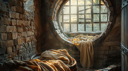 A round window with sunlight and fabric.