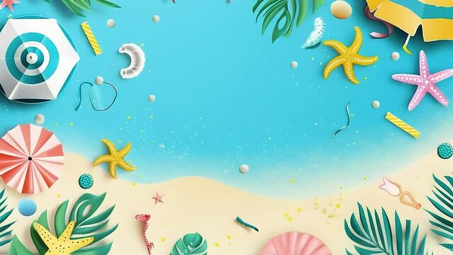 A beach scene with a blue background, a beach ball, a starfish, a seashell, a palm tree, and a beach umbrella .