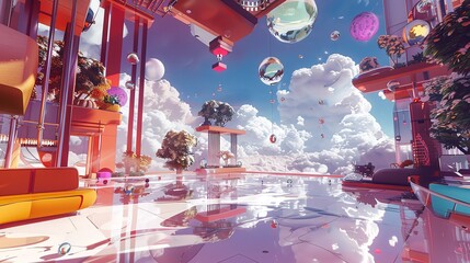 Capture the essence of surrealism through a rear view perspective in a virtual reality setting
