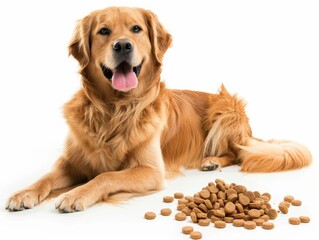 Dog laying next to dry kibble, dog and its food.