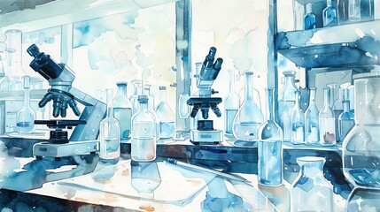 Combine the essence of science and creativity through a watercolor painting featuring a worms-eye view of a futuristic laboratory scene