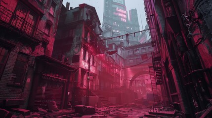 Craft a digital CG 3D composition featuring a utopian cityscape with hidden horror elements Experiment with unexpected camera angles to evoke tension and mystery Ensure the eye-lev