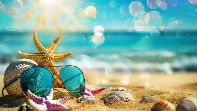 A pair of  sunglasses  and  a starfish  are placed on  the sand  near  the ocean .