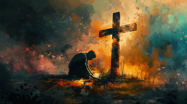 devout young man kneeling in prayer before illuminated wooden cross spiritual digital watercolor painting depicting faith and devotion