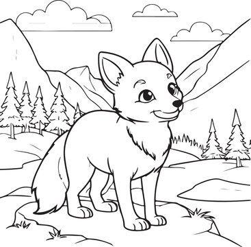 cute kawaii fox outline coloring book, fox coloring page for kids.