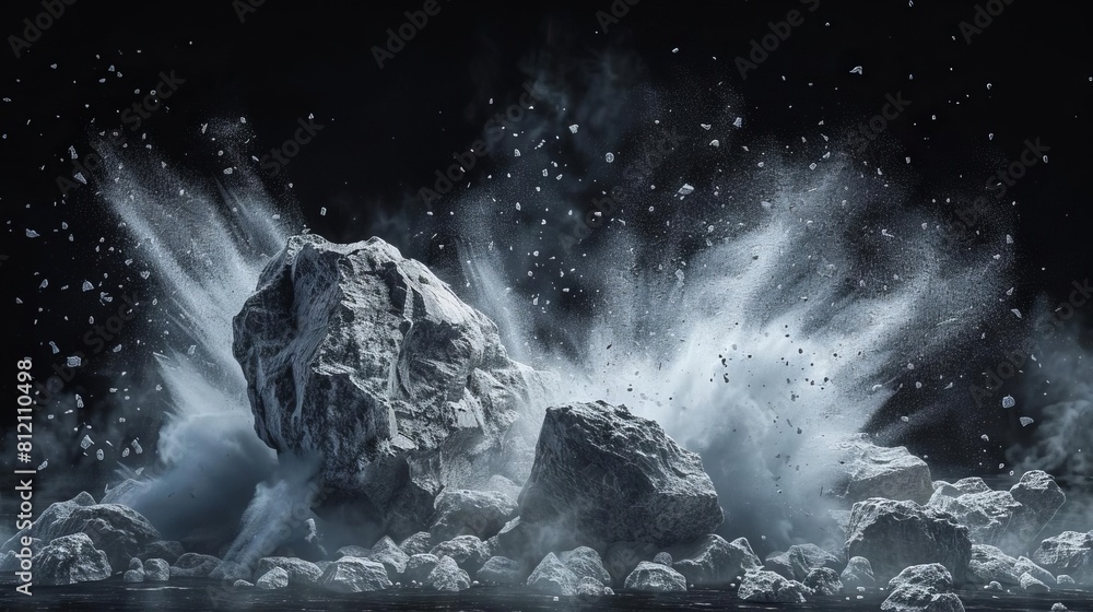 Poster dramatic abstract composition of shattered rock boulder exploding into white dust and debris against