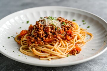 Pasta on a white plate on a gray background. Bolognese sauce. Popular Italian food, Ai generated