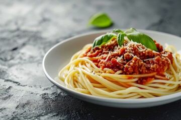 Pasta on a white plate on a gray background. Bolognese sauce. Popular Italian food, Ai generated